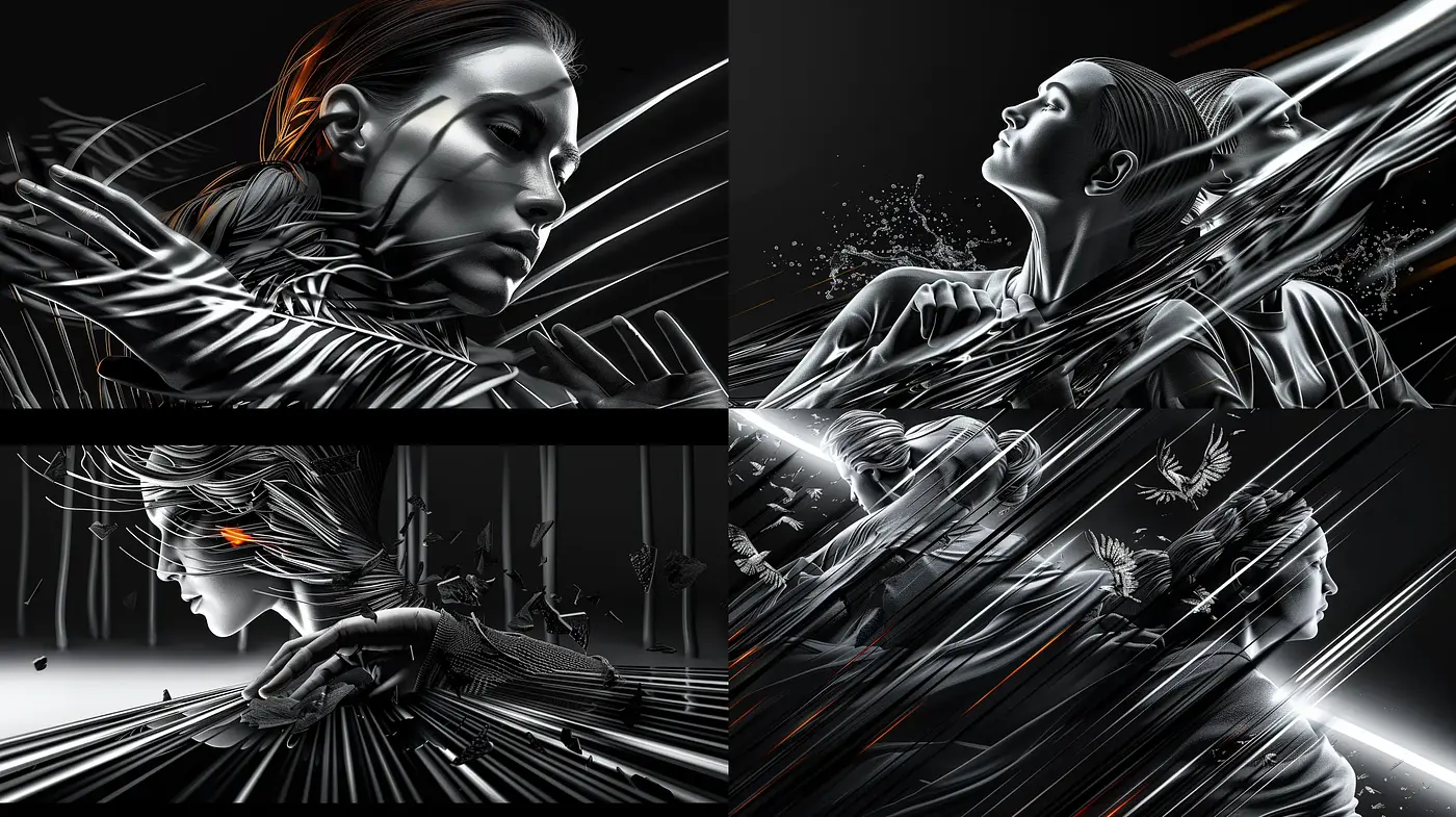 Monochromatic Cyberpunk Dreamscape with Dynamic Streaks of Light - Midjourney sref style