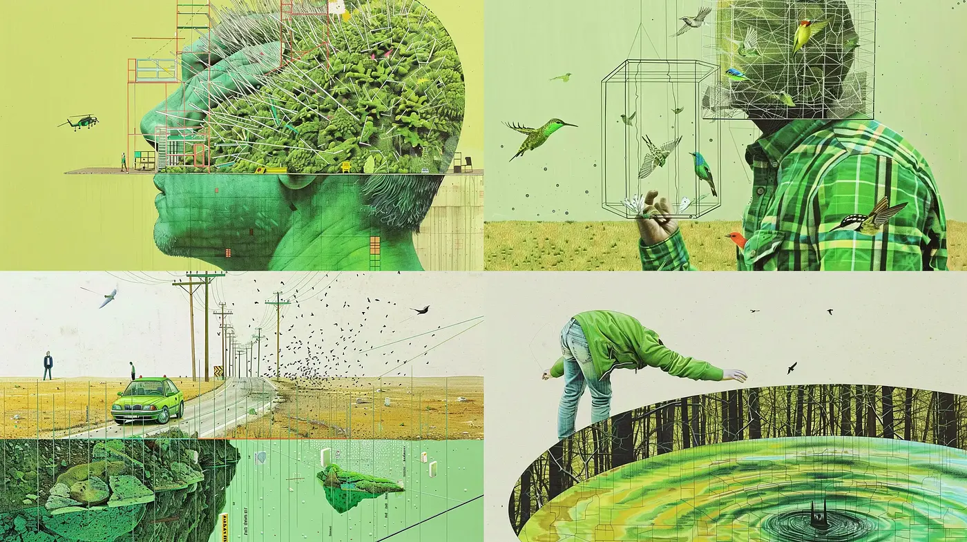 Surreal Green Hued Montage with Collage-like Textures - Midjourney sref style