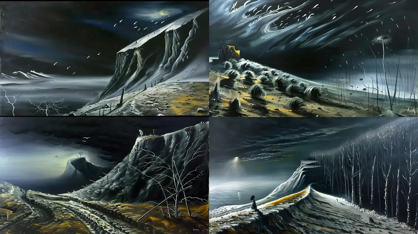 Ethereal Nocturnal Landscapes: A Surreal Fusion of Nature and Cosmic Energy - Midjourney sref style