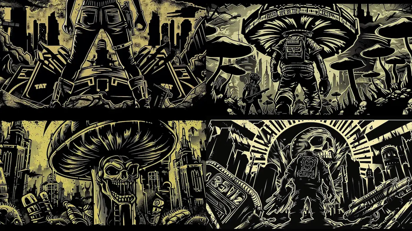 Dystopian graphic novel style with retro influences - Midjourney sref style