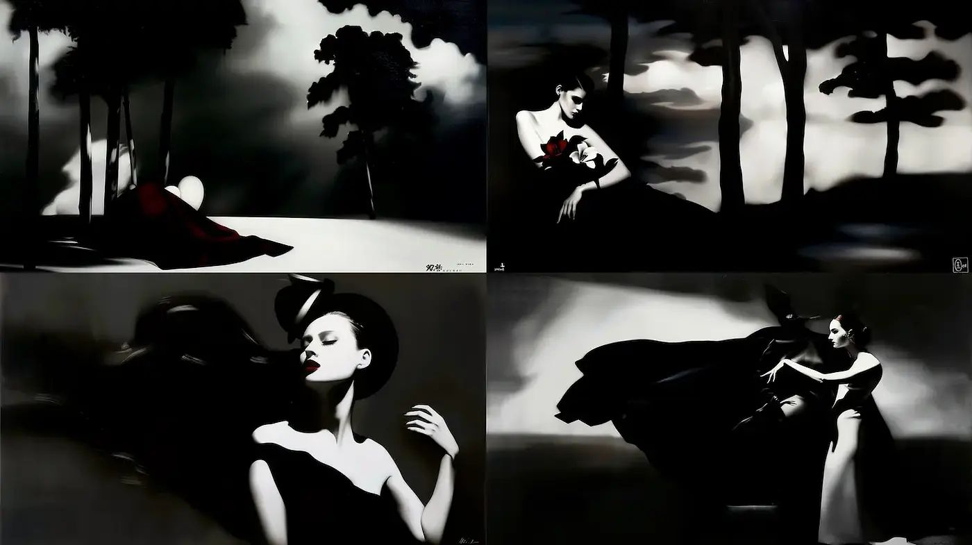 Stylized Monochrome Artistry with Dramatic Elements - Midjourney sref style