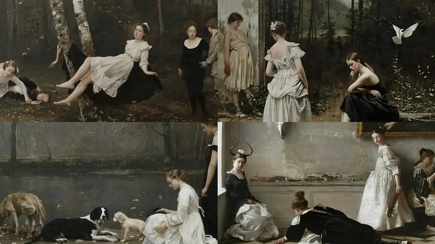 Timeless Pastoral Elegance: An Enigmatic Fusion of Classic Romanticism and Painterly Grace - Midjourney sref style