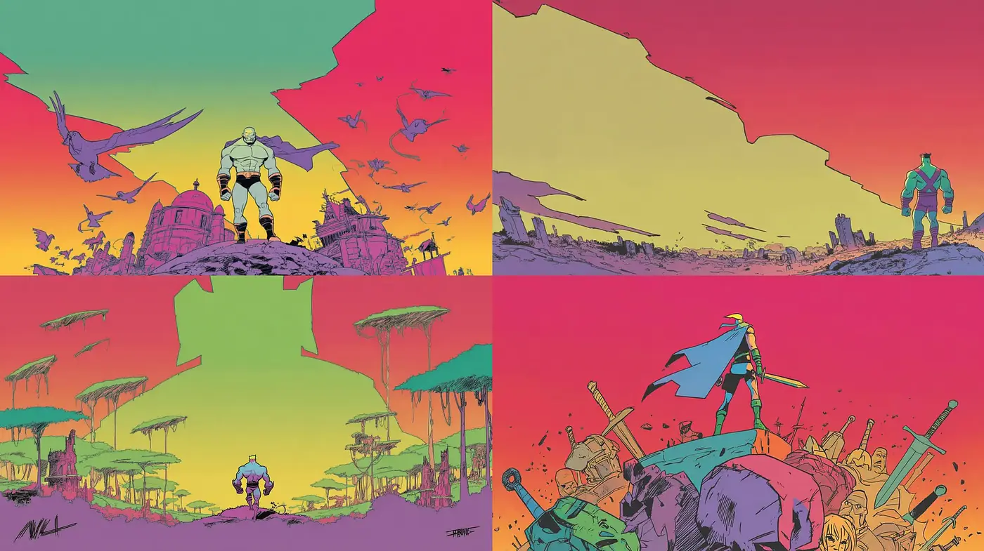 Vibrant and Dynamic Illustrated Scenes with a Surreal Essence - Midjourney sref style