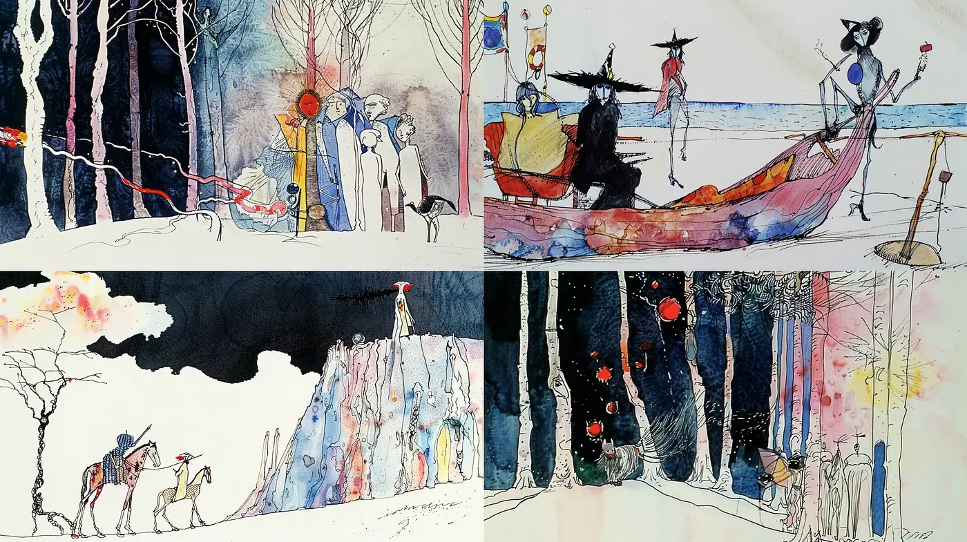 Whimsical Watercolor Narratives with Ink Overlays - Midjourney sref style