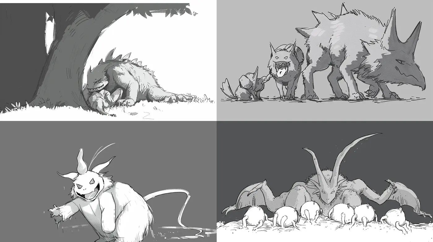 Monochrome Menagerie: A Study in Greyscale with Textural Consistency - Midjourney sref style
