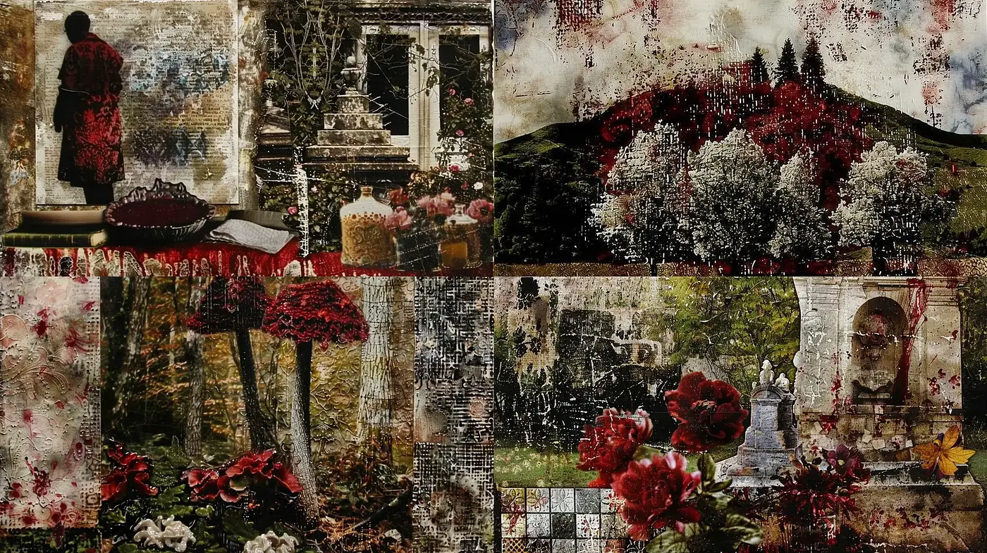 Time-Worn Tapestry: A Collage of Faded Elegance and Rustic Charm - Midjourney sref style