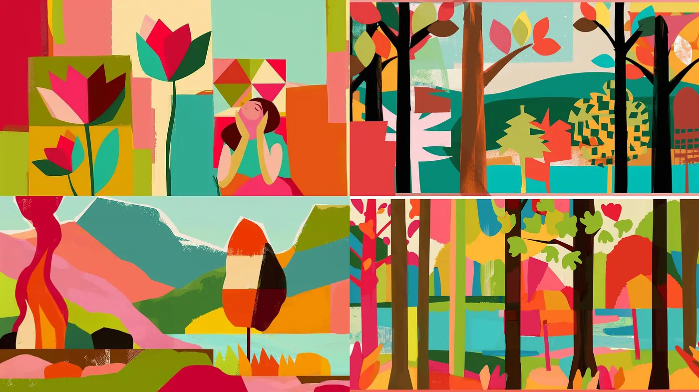 Abstract Colorblock Panoramas: A Harmonious Blend of Geometric Shapes and Expressionist Landscapes - Midjourney sref style