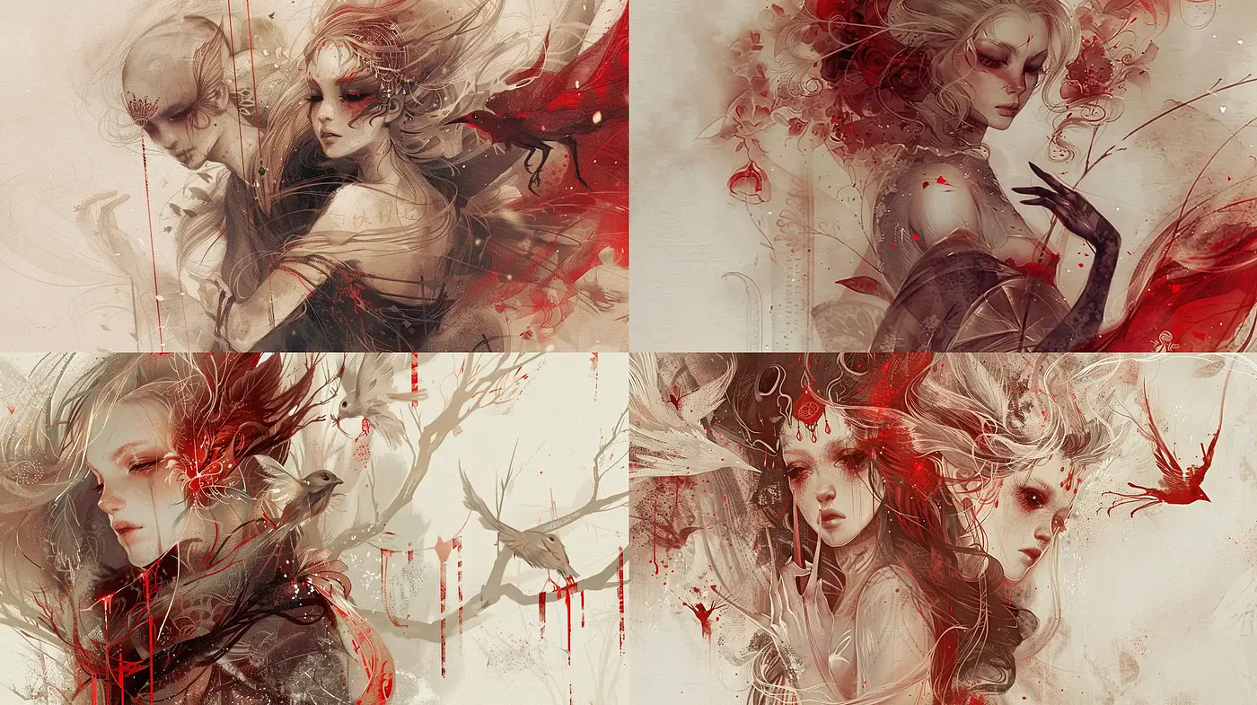 Ethereal Whispers of Crimson and Ash: A Delicate Synthesis of Fluidity and Grace - Midjourney sref style