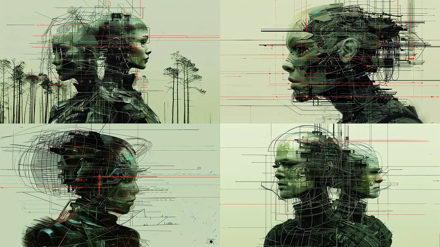 Dystopian Glitch Art: The Melding of Human and Machine - Midjourney sref style