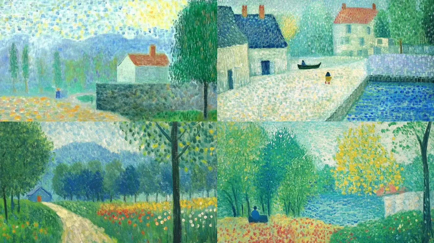 Pointillist Reverie: A Cohesive Blend of Dotted Impressions and Pastoral Calm - Midjourney sref style