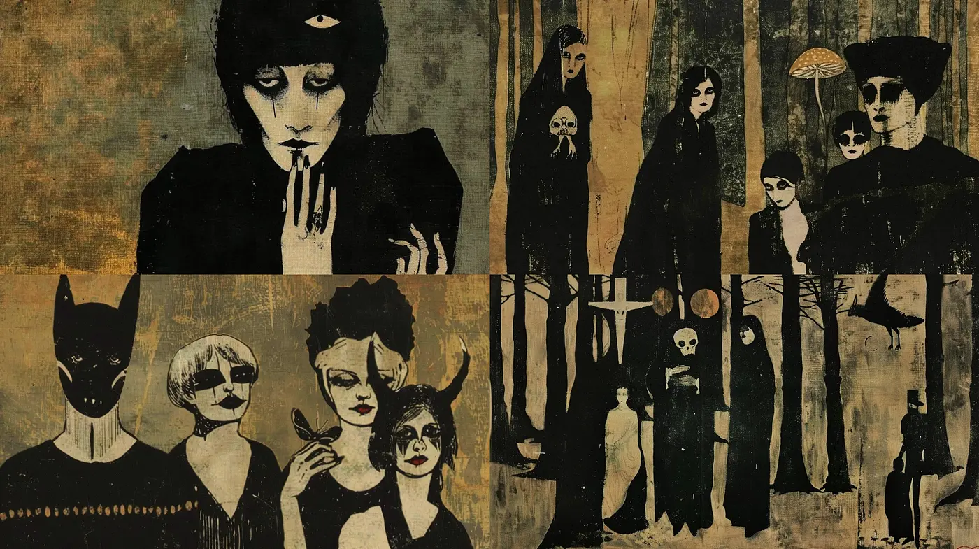 Eerie Gothic Tableau with Vintage Textured Overtones - Midjourney sref style