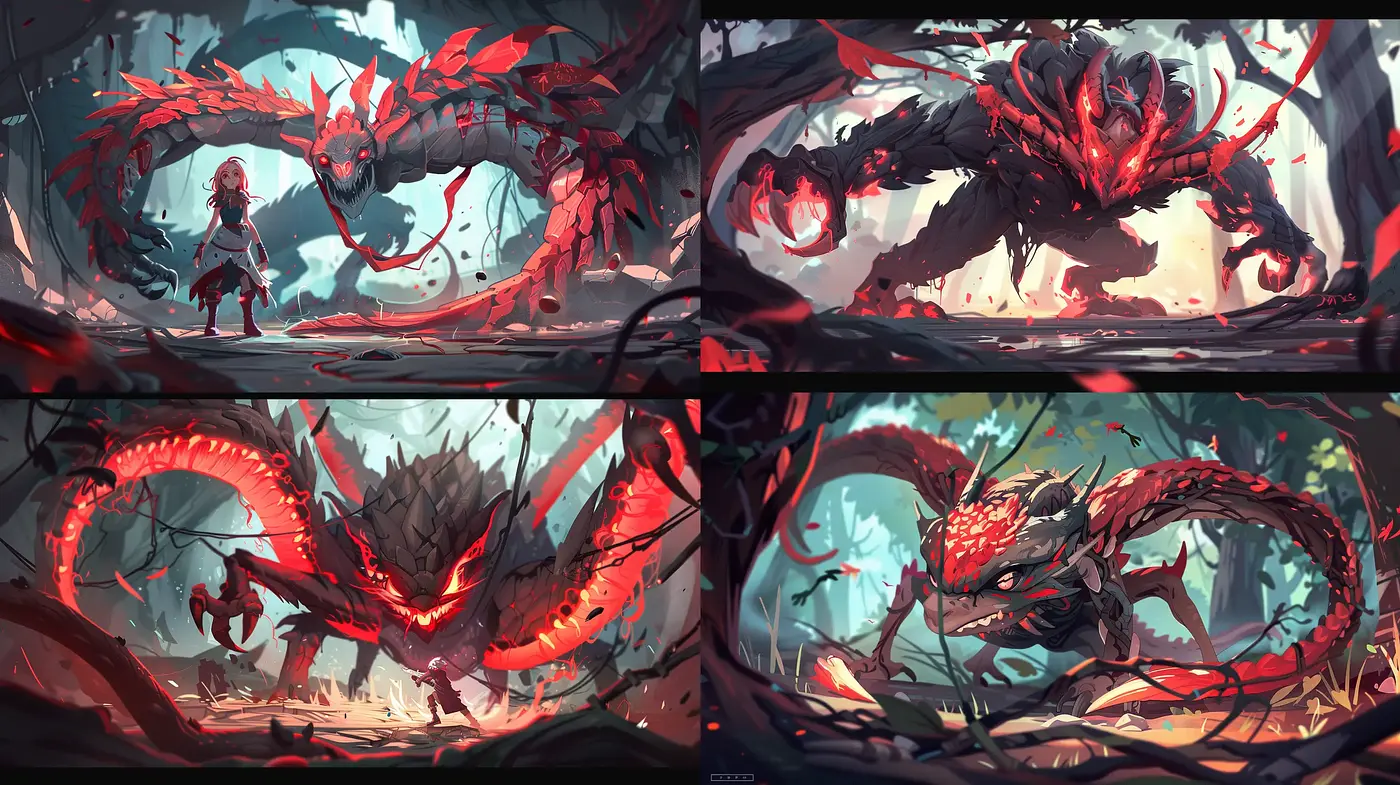 Dynamic Crimson Clash: A Fusion of Animated Fantasy and Energetic Brushwork - Midjourney sref style