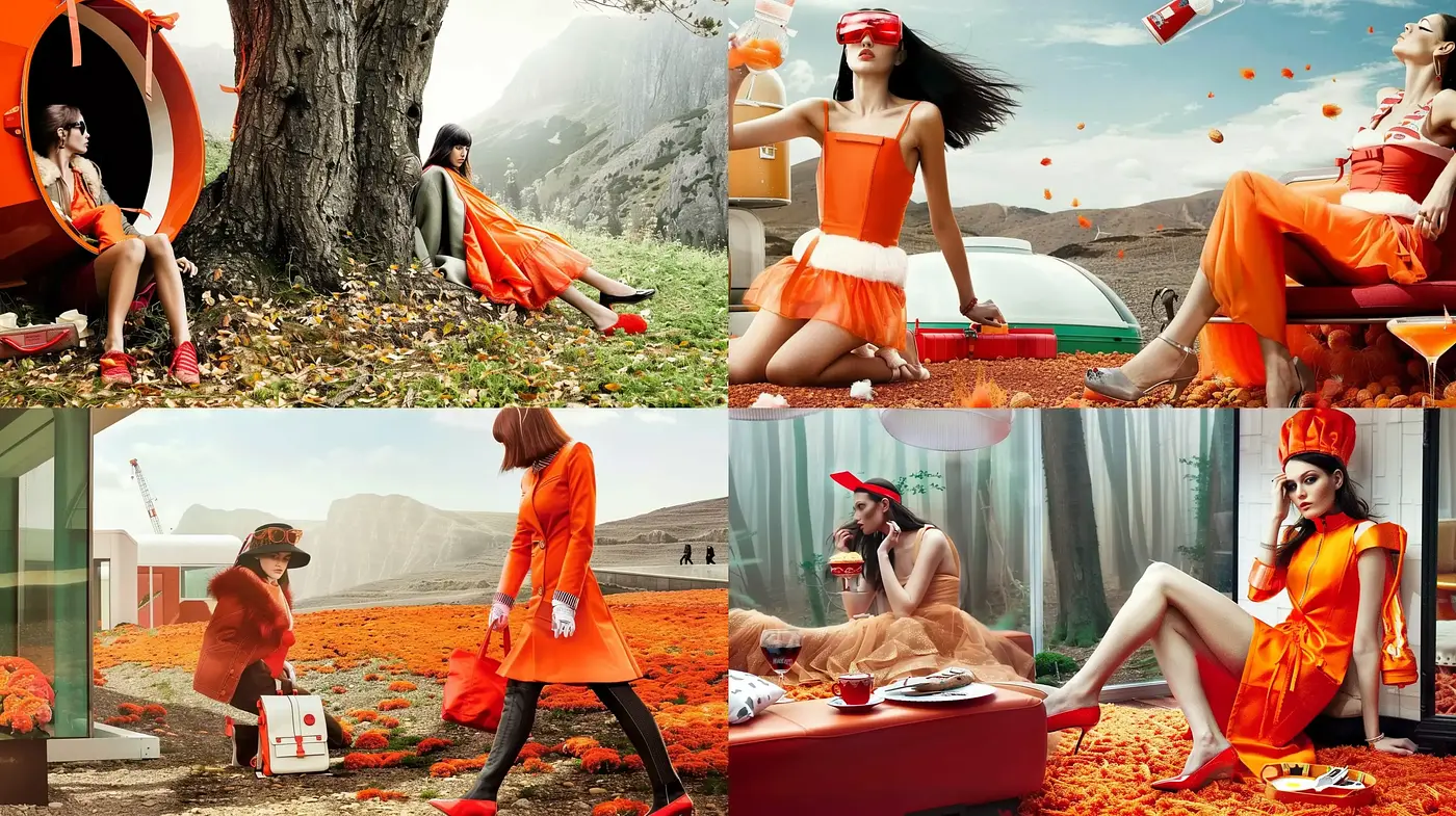 Vibrant Tangerine Dream: A Homage to High-Fashion and Surrealism - Midjourney sref style