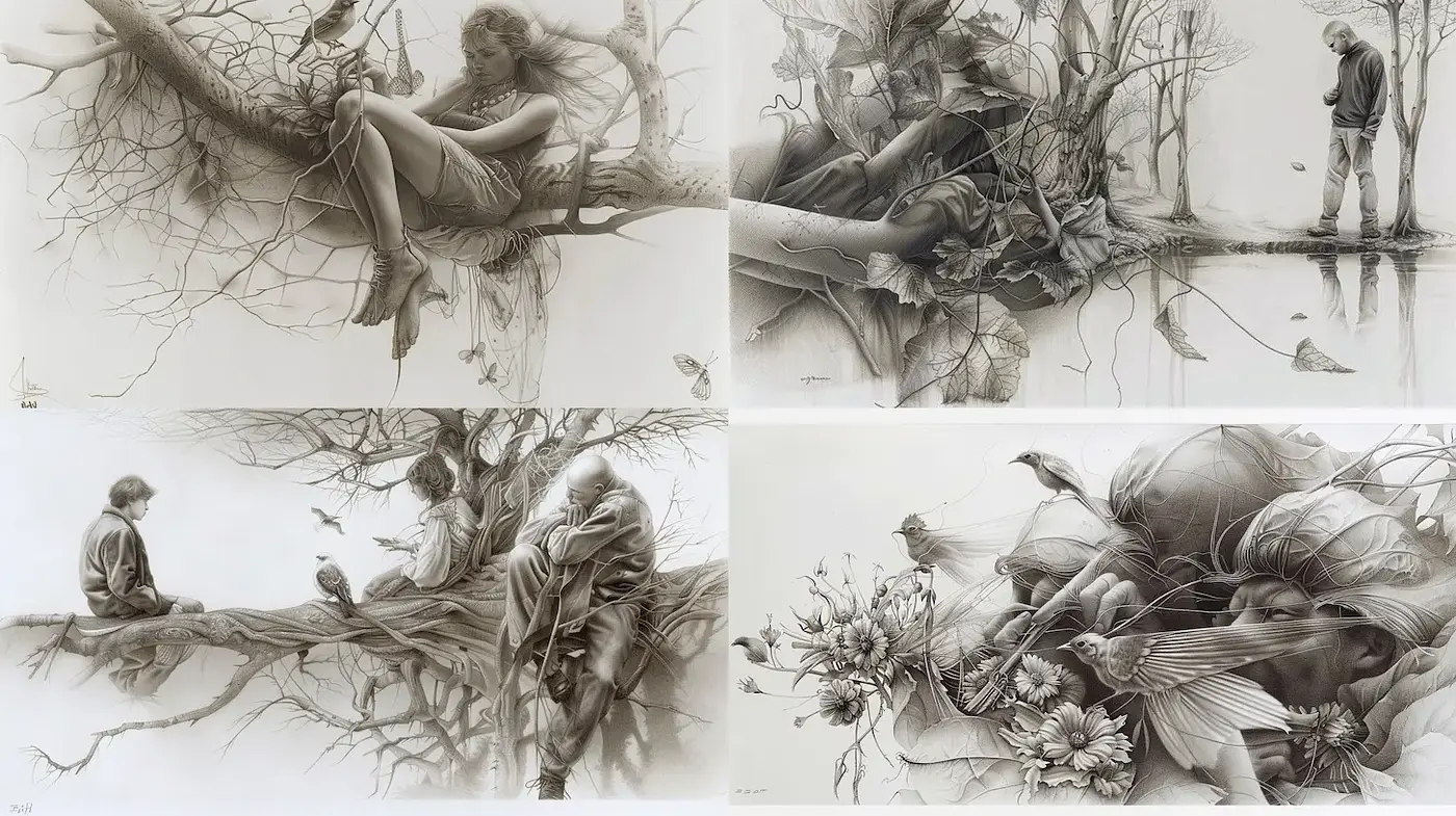 Ethereal and Contemplative Illustrations with Nature Themes - Midjourney sref style