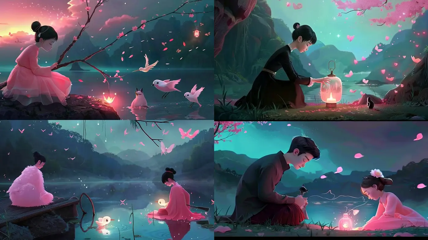 Twilight Serenity: A Harmonious Fusion of Rosy Twilight Hues and Enchanting Nature Whispers - Midjourney sref style