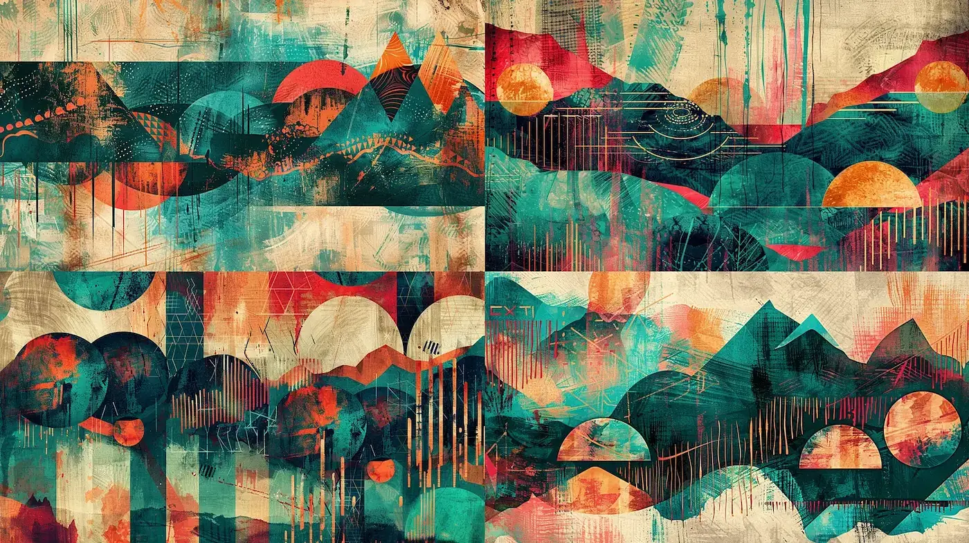 Distinctive Abstract Geometric Landscape with Retro Influences - Midjourney sref style