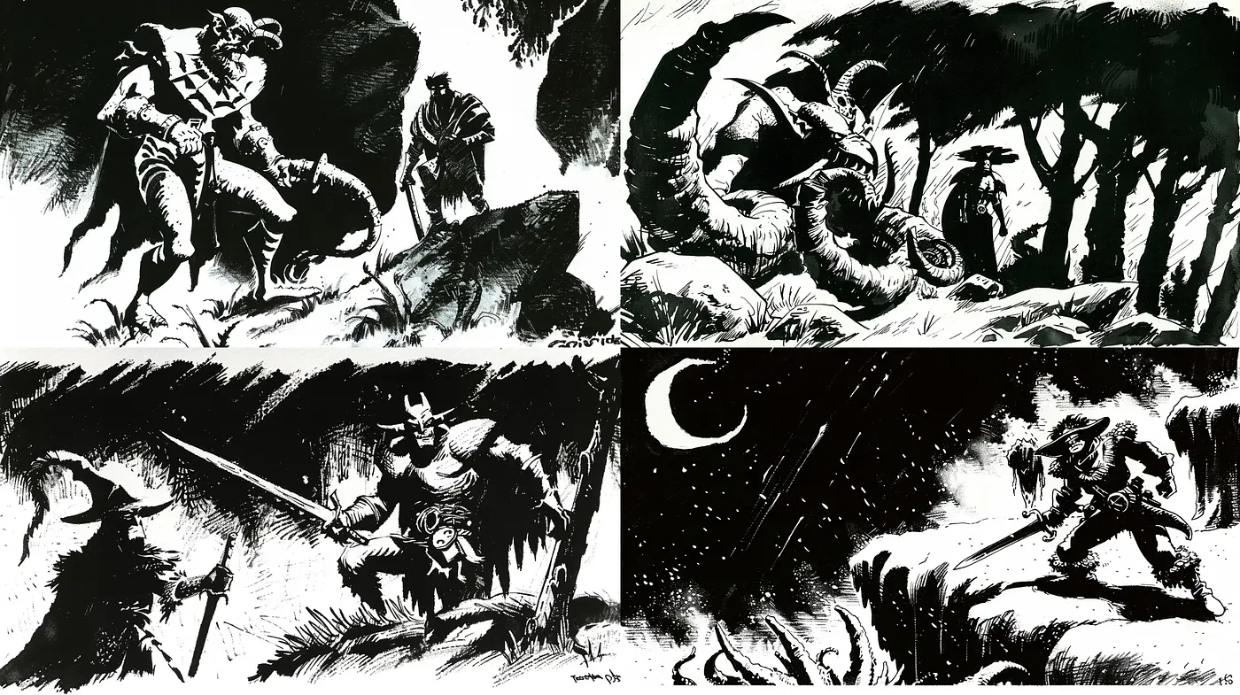 Monochromatic Dynamic Adventures in Ink - Midjourney sref style