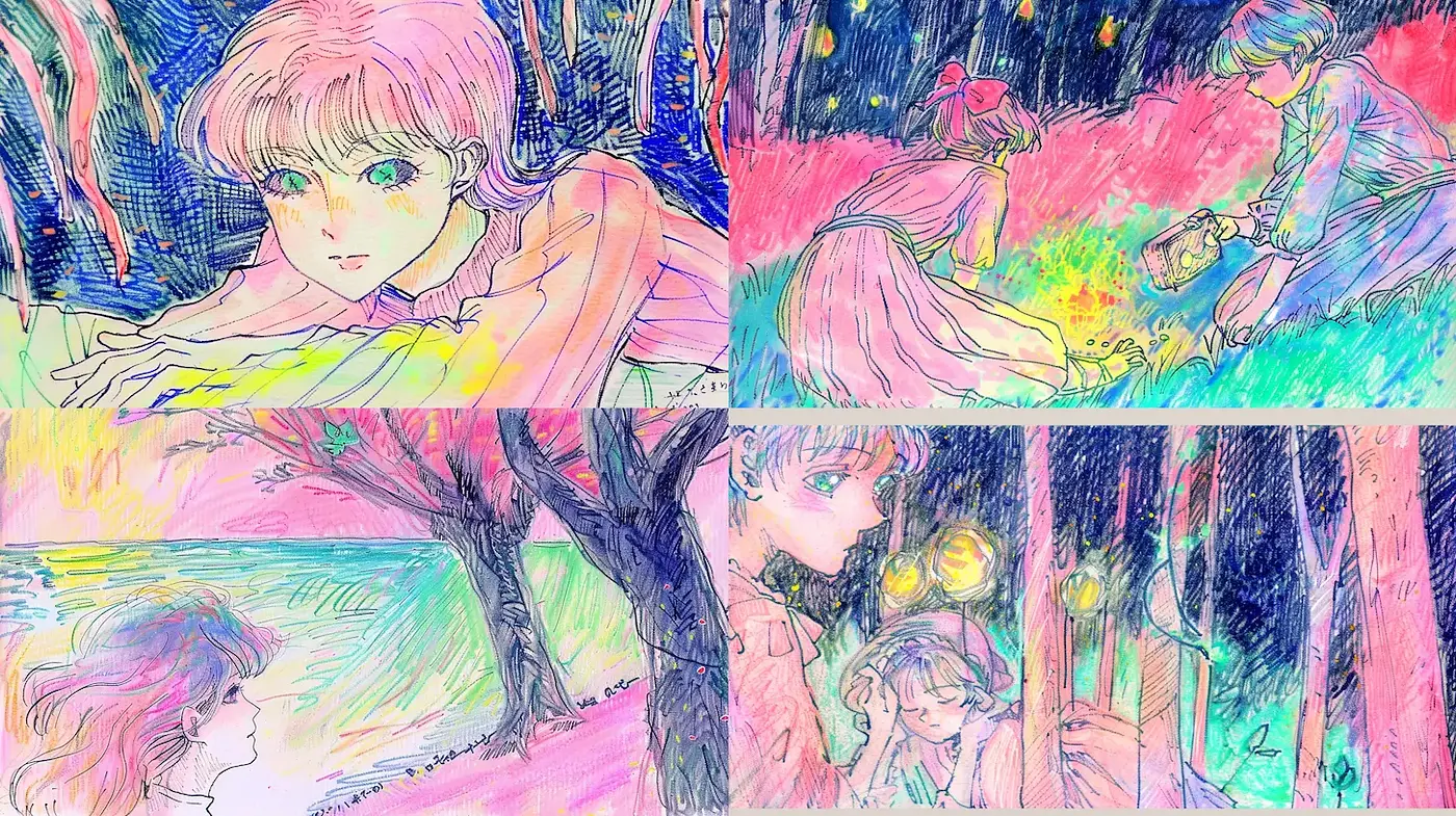 Colorful and whimsical illustrations reminiscent of classic anime - Midjourney sref style