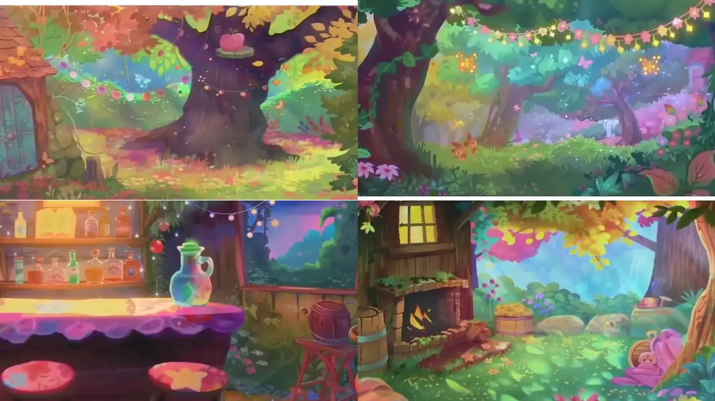 Enchanted Forest Whimsy: A Colorful Blend of Magical Realism and Cartoon Illustration - Midjourney sref style