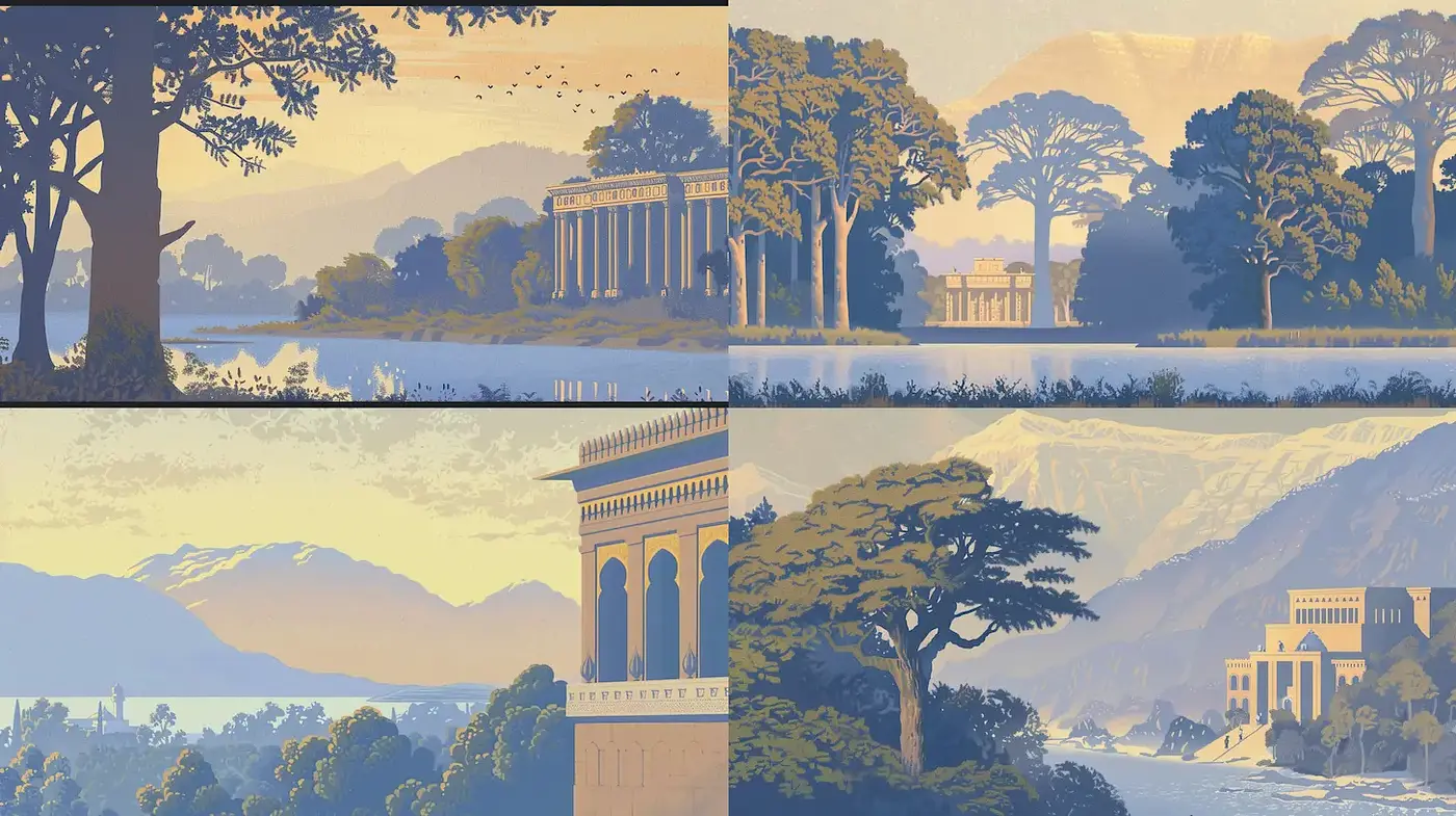 Serene landscapes with a vintage, tranquil allure - Midjourney sref style
