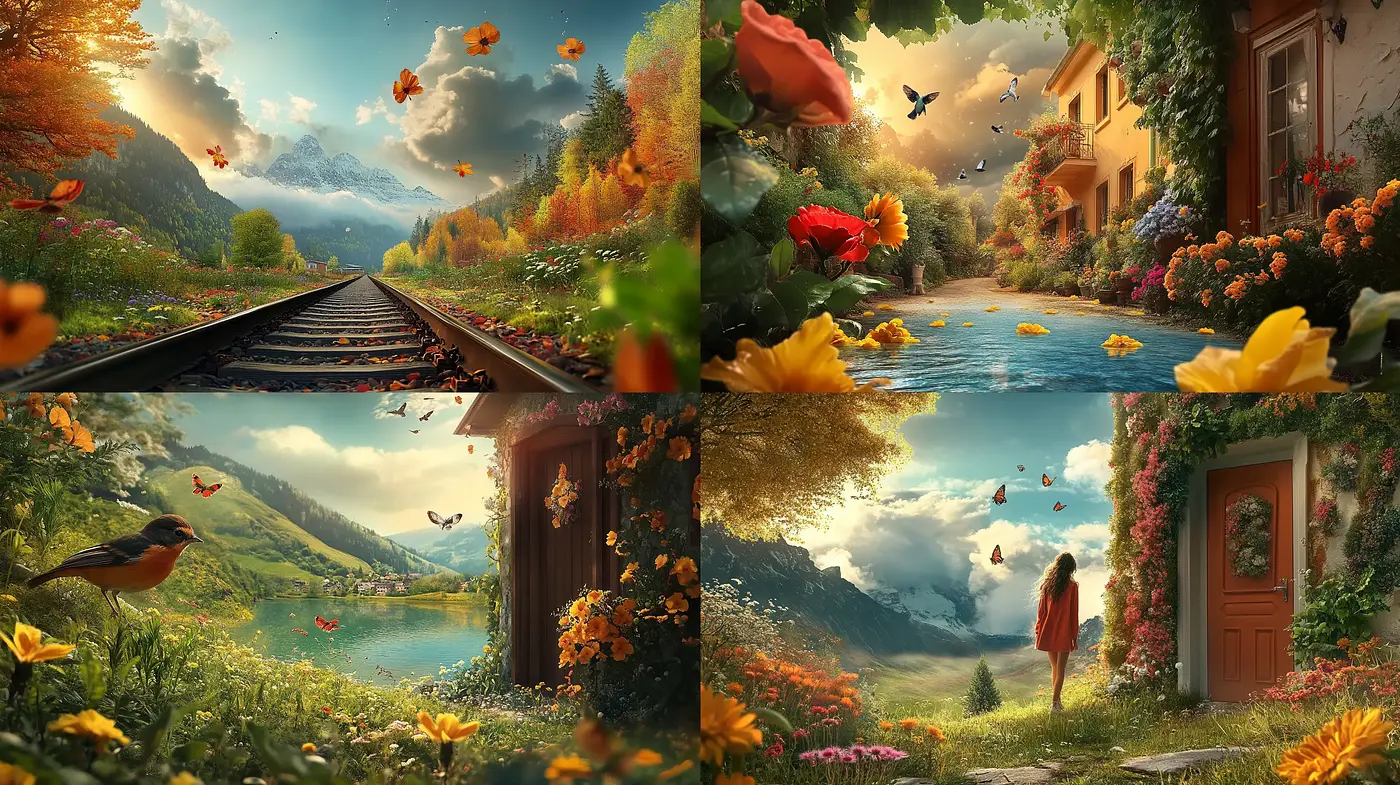 Idyllic Nature's Harmony: A Serene Blend of Lush Landscapes and Warm Hues - Midjourney sref style