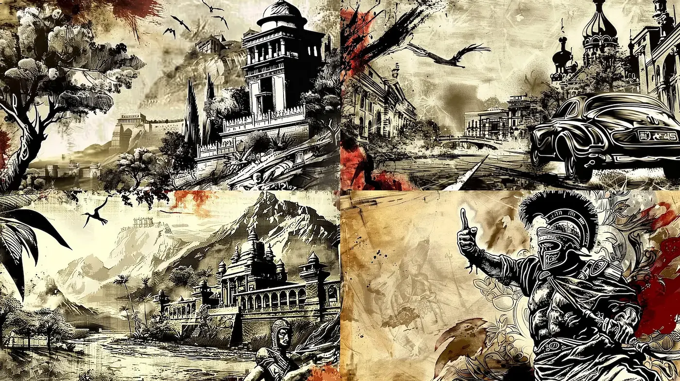 Dynamic and dramatic artistic composition with historical elements - Midjourney sref style