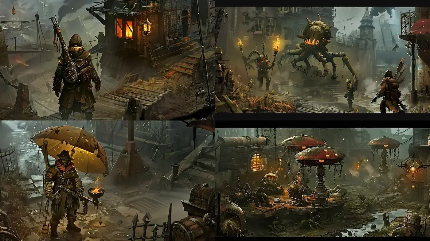 Dark, atmospheric steampunk-inspired dystopia with fantastical elements - Midjourney sref style