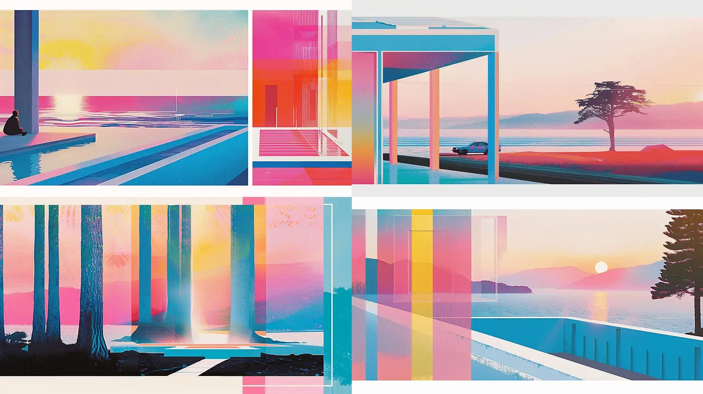 Saturated Synthwave Serenity: A Harmonious Blend of Vivid Hues and Retro-Futuristic Landscapes - Midjourney sref style