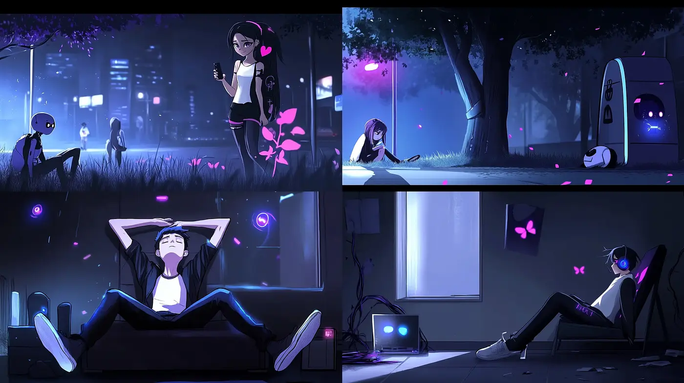 Nocturnal Serenity in Digital Brushwork: A Synthesis of Anime-Inspired Neon Dreamscape - Midjourney sref style