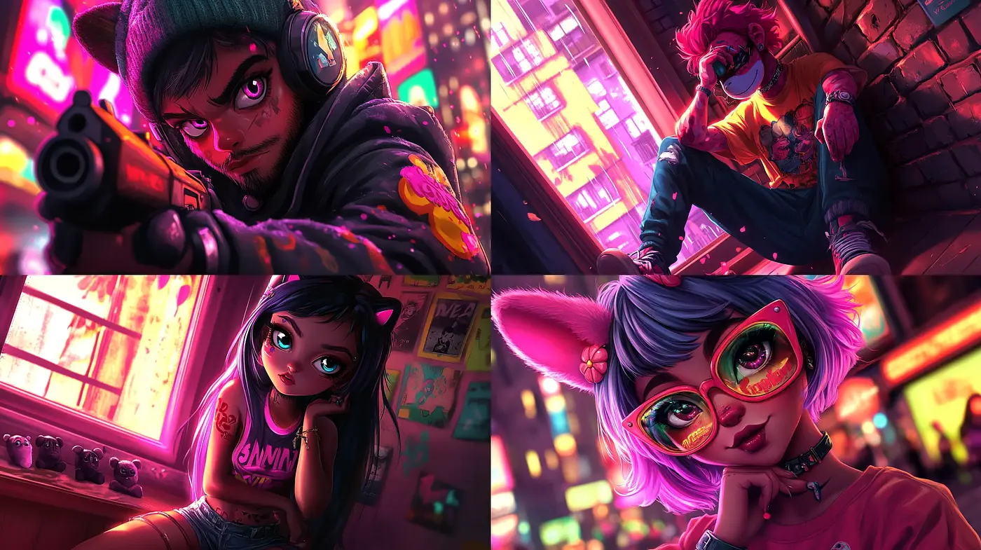 Neon-Noir Cyberpunk Aesthetic with Anime Influences - Midjourney sref style