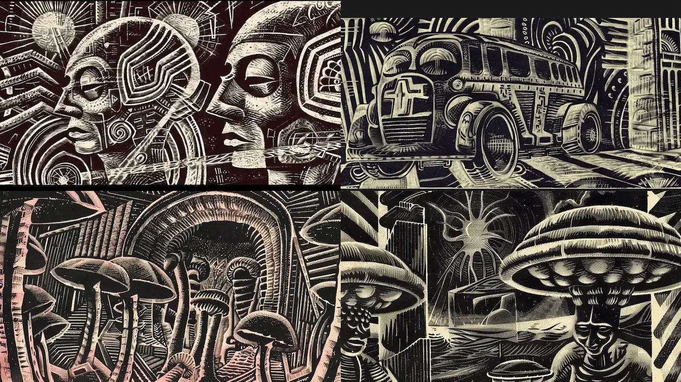 Ethereal Dreamscape of Retrofuturistic Linocut Artistry - Midjourney sref style