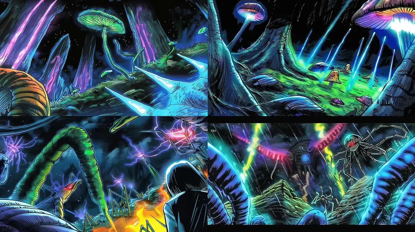 Vibrant Sci-Fi Landscapes with Fluorescent Elements - Midjourney sref style