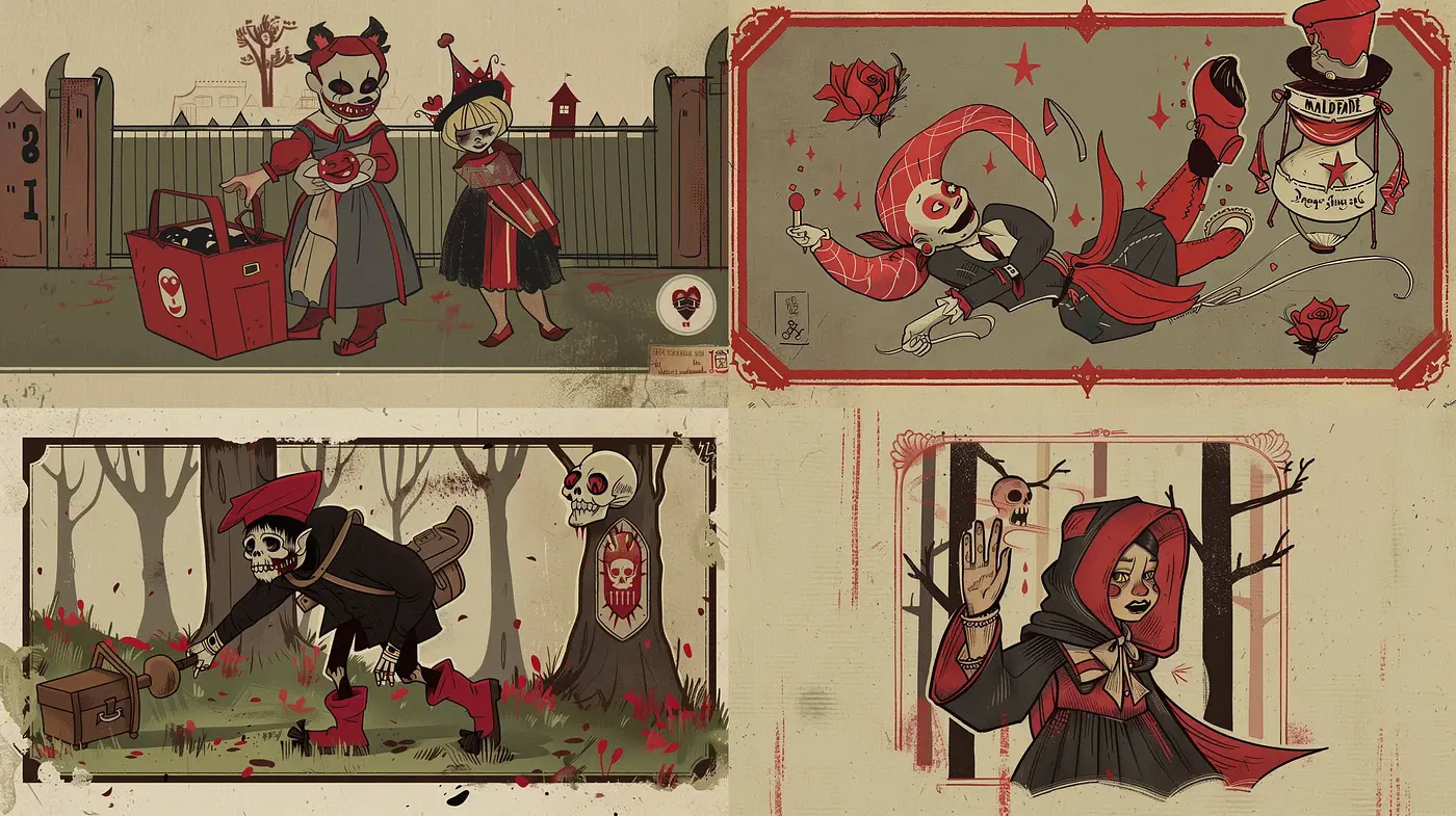 Whimsical Gothic Tale: A Grayscale World with Crimson Highlights - Midjourney sref style