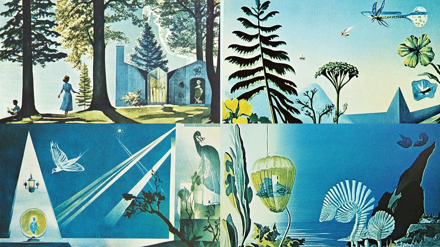 Surreal Storybook Panoramas with a Retro-Futuristic Twist - Midjourney sref style