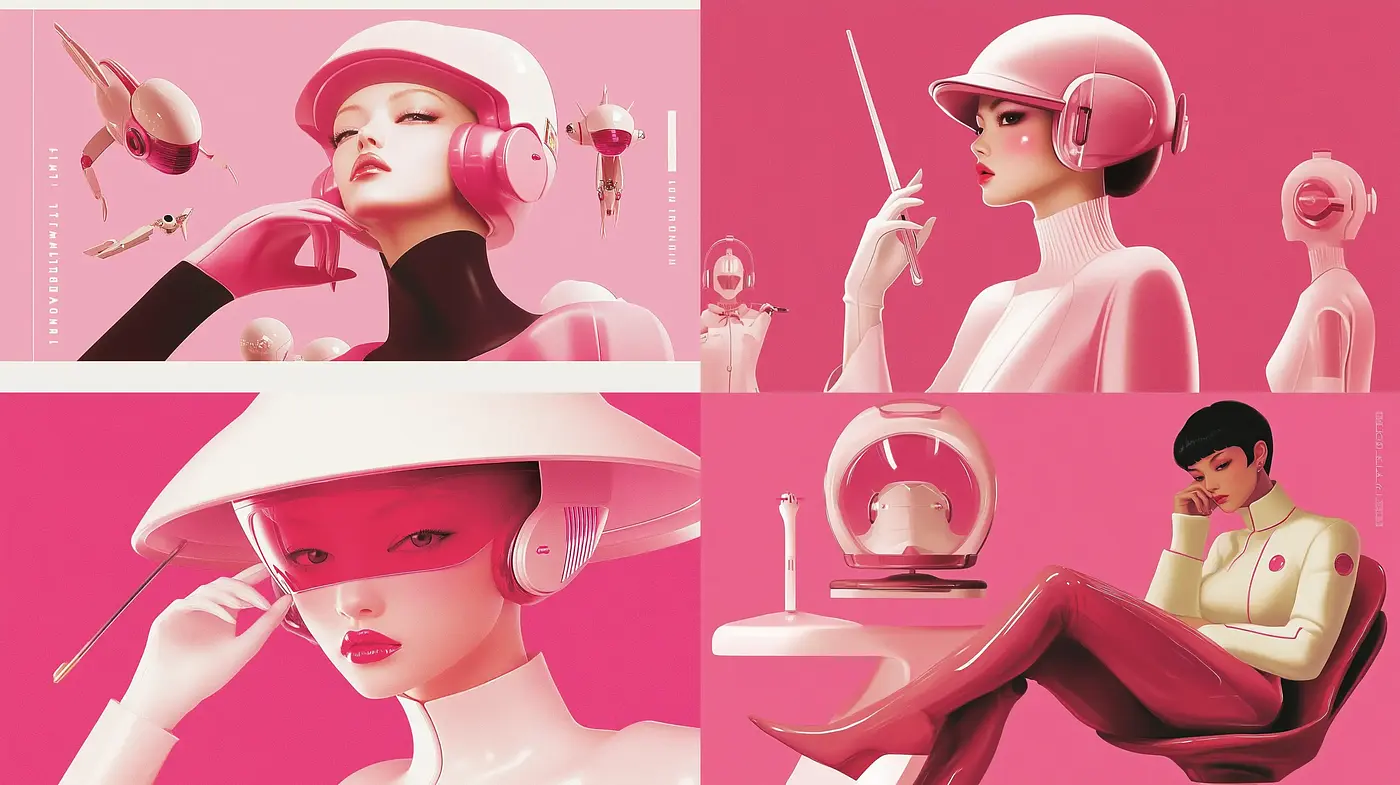 Futuristic Retro Elegance in Monochrome Pink - Midjourney sref style