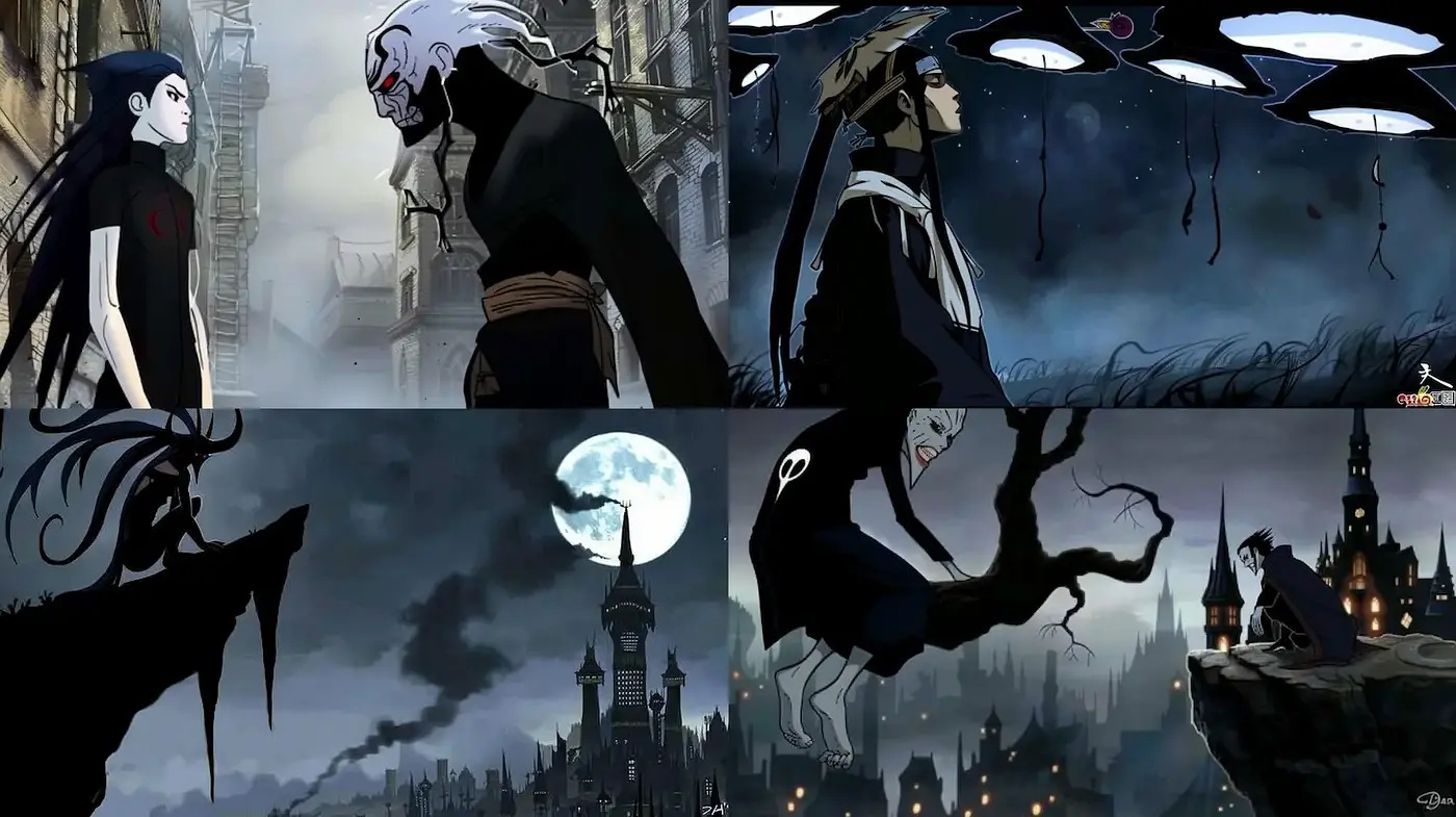 Darkly Themed Surrealistic Animation with Mysterious Atmosphere - Midjourney sref style