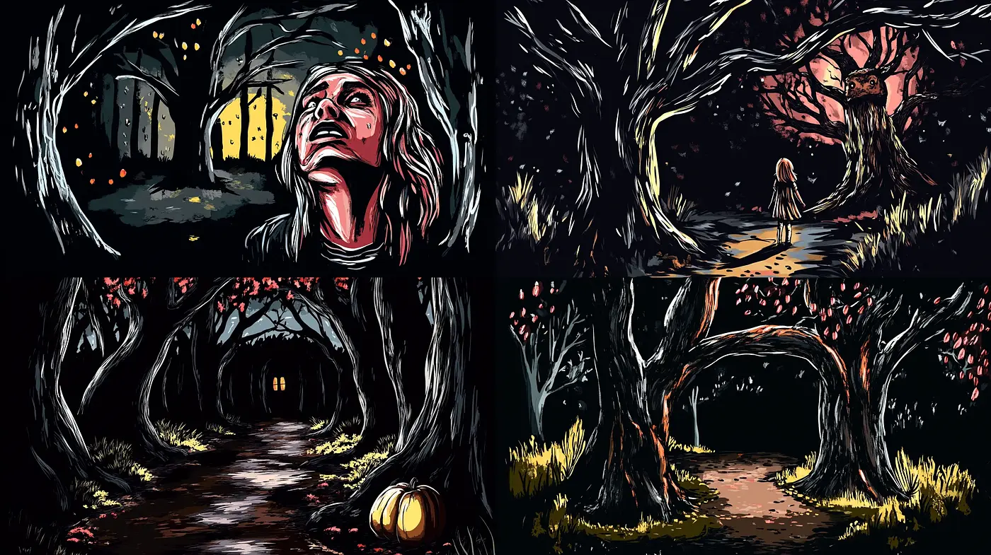 Eerie Nocturnal Dreamscape with Expressive Linework and Striking Contrasts - Midjourney sref style