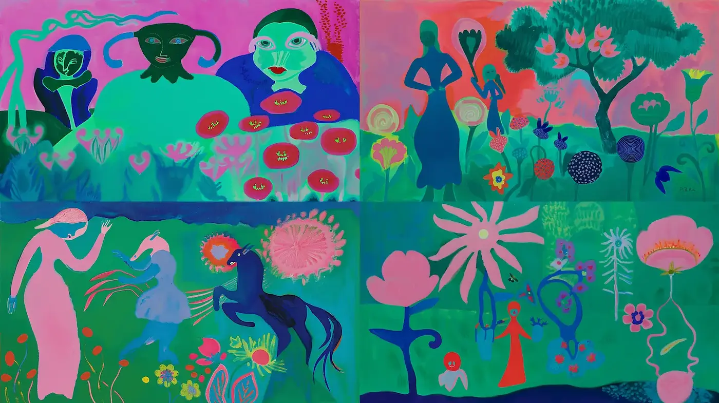 Vibrant, whimsical exploration of nature and form through playful abstraction - Midjourney sref style
