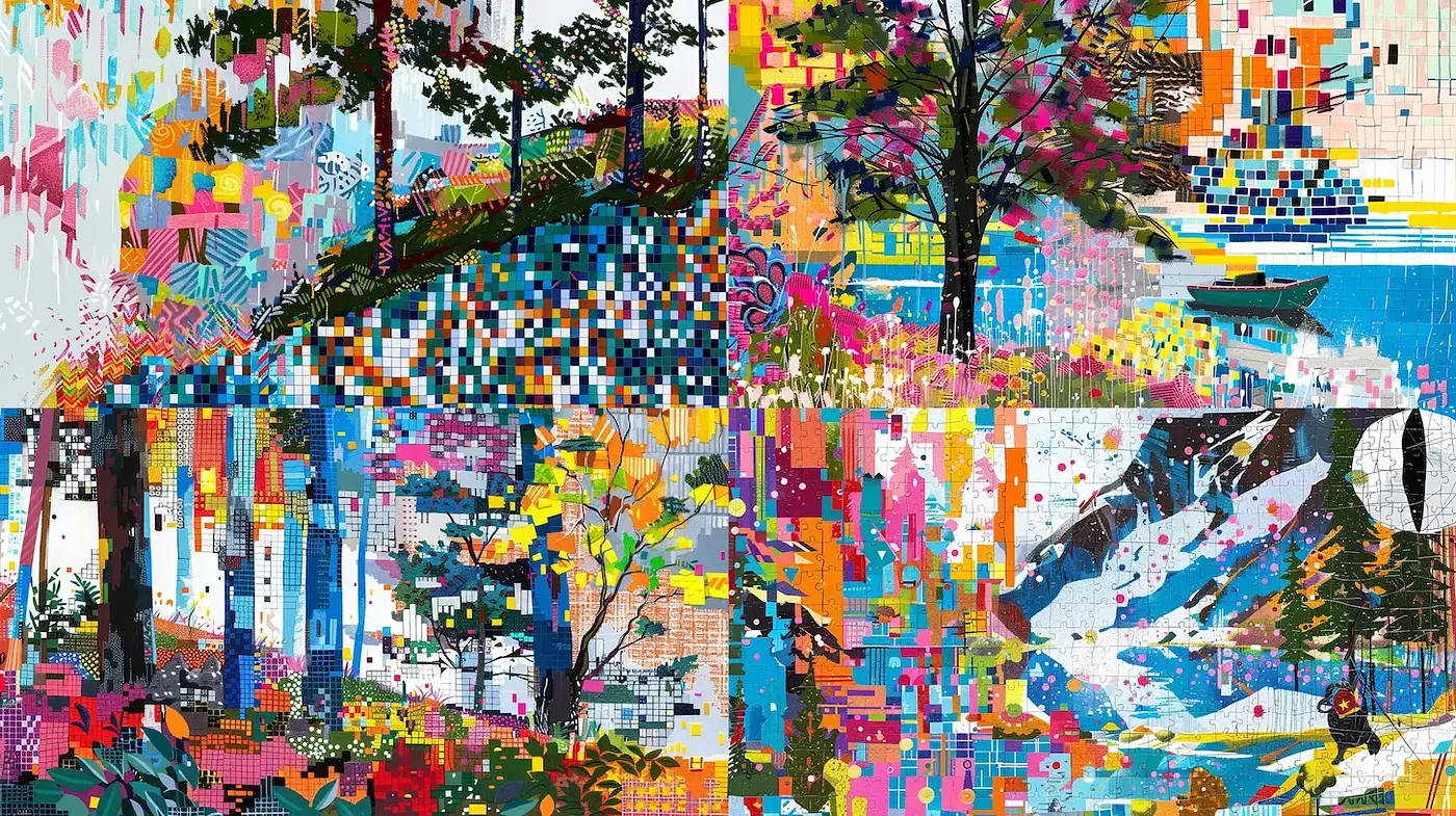 Vibrant and textural digital landscapes with a mosaic effect - Midjourney sref style