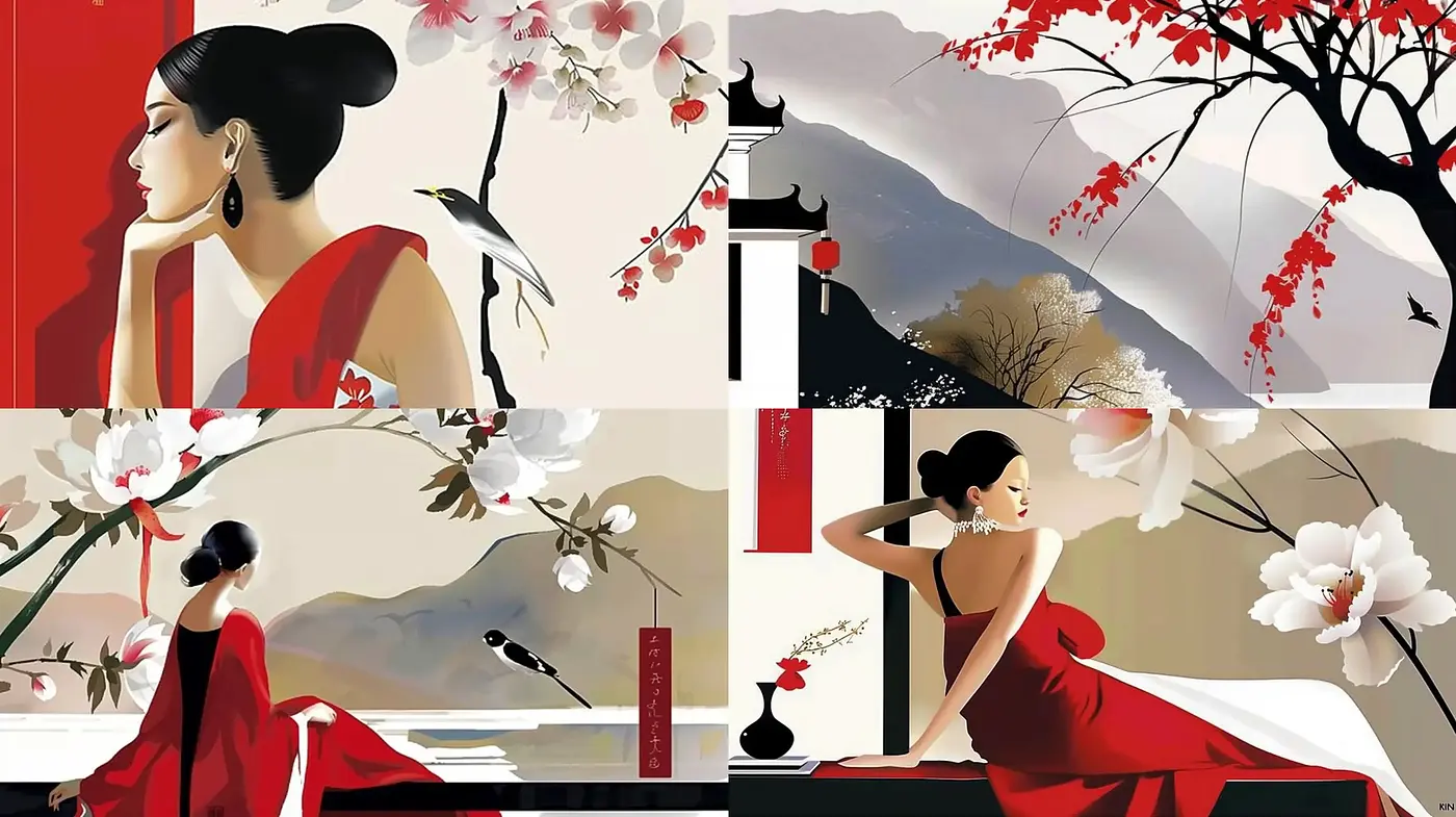 Elegant Fusion of Traditional Eastern Imagery and Modern Graphic Design - Midjourney sref style