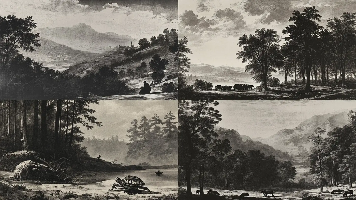 Monochromatic Pastoral Elegance in Etching Style - Midjourney sref style