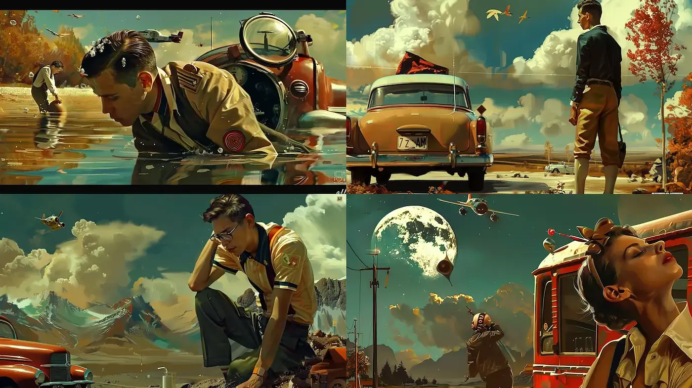 Retro-futuristic cinematic landscapes with a vintage touch - Midjourney sref style