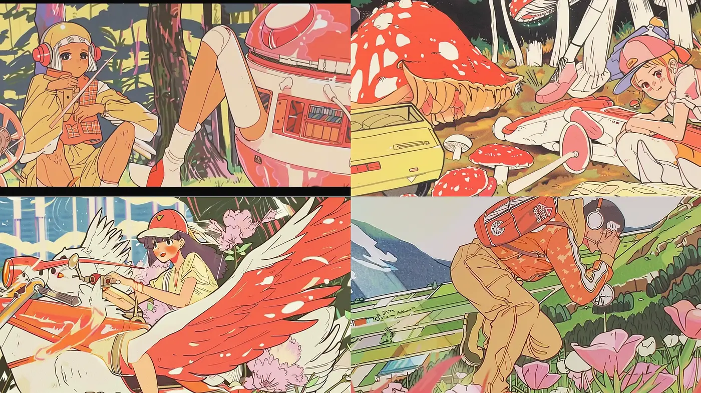 Vibrant Retro Anime-Inspired Aesthetic with Pastoral and Adventure Motifs - Midjourney sref style