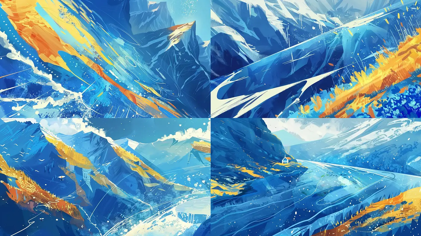 Dynamic Brushstroke Landscapes in Vivid Blue and Gold Hues - Midjourney sref style