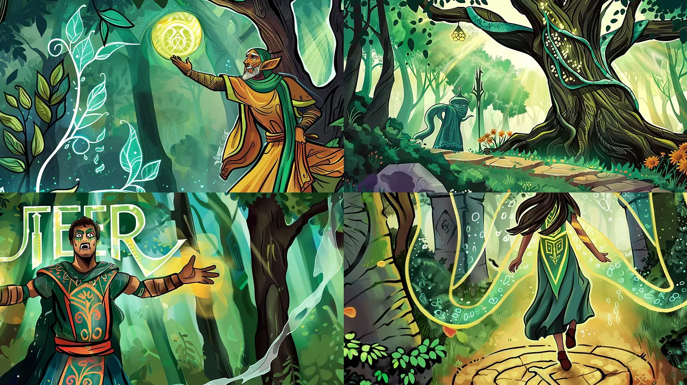Enchanted Forest Whimsy: A Stylized Fusion of Mythic Vivacity and Verdant Hues - Midjourney sref style