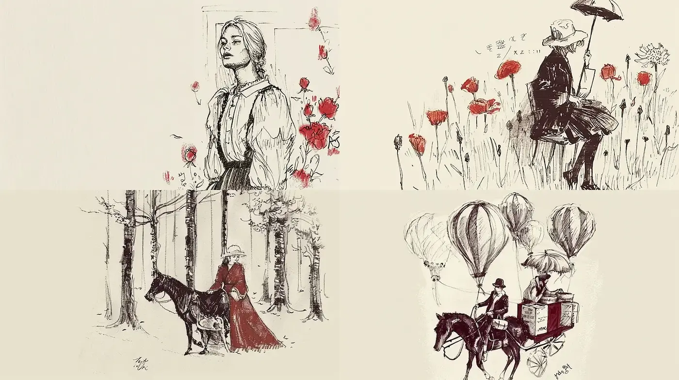 Whimsical Vintage Illustrations with Natural Elements and Subtle Color Accents - Midjourney sref style