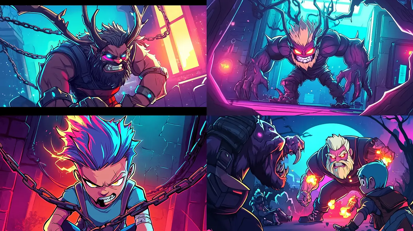 Dynamic Cybernetic Showdown in Vivid Neon Hues - Midjourney sref style