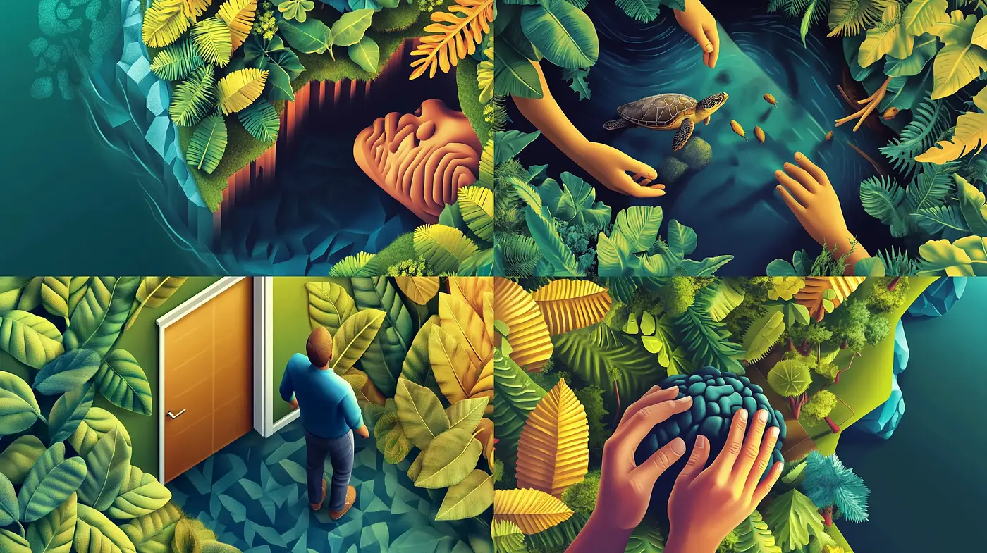 Lush Botanical Dreamscapes: A Study in Vivid Nature and Surreal Human Elements - Midjourney sref style
