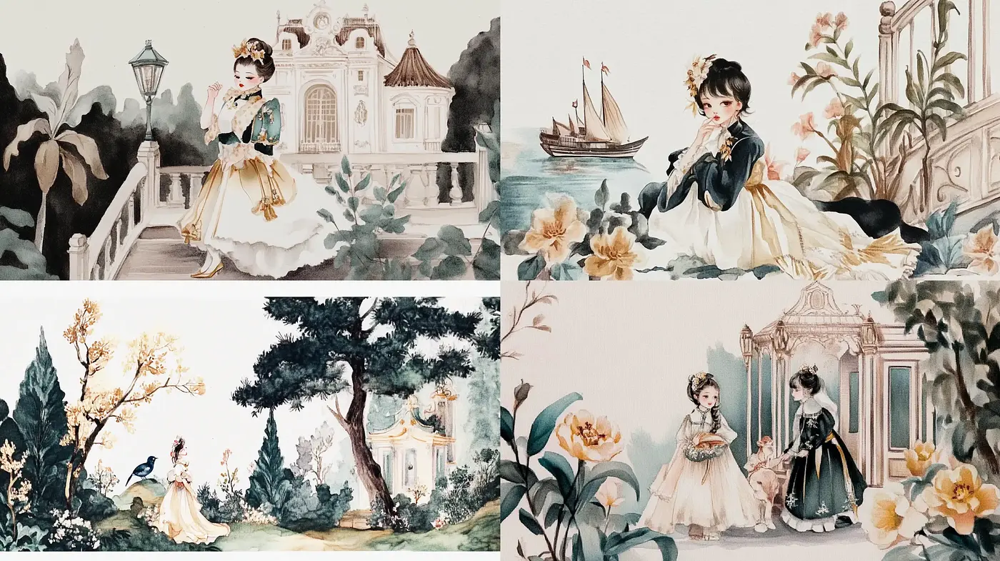 Ethereal Elegance in Watercolor Whimsy: A Serenade of Pastel Dreams and Aristocratic Moods - Midjourney sref style