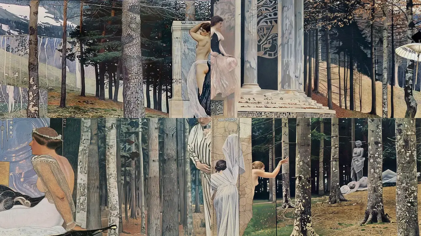 Ethereal illustrations blending nature and classical themes with a modern twist - Midjourney sref style